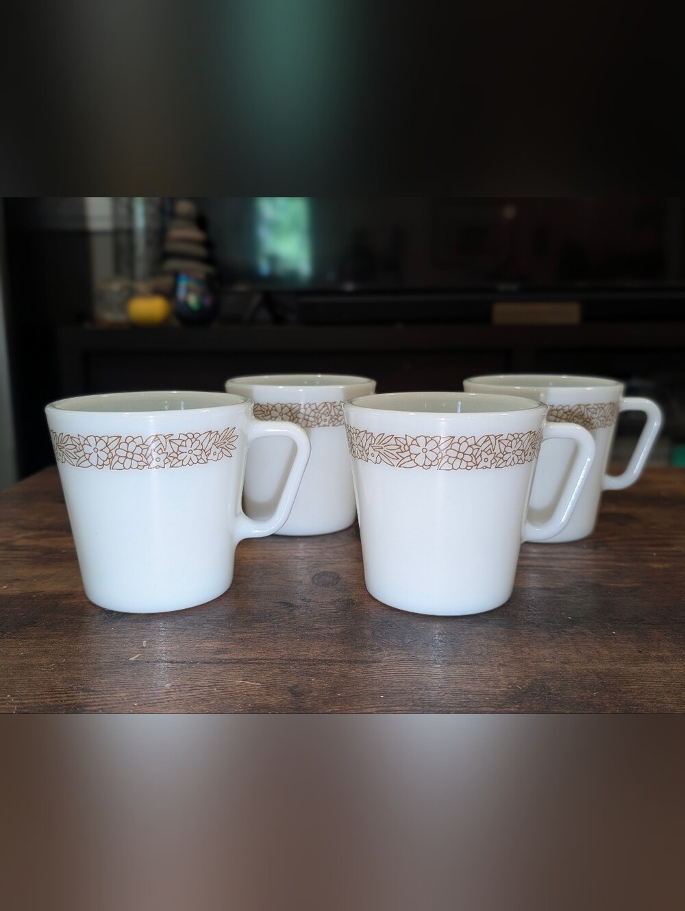Vintage PYREX Woodland White Coffee/Tea Mugs Brown Floral Band Set of 4